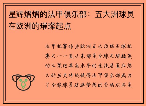 星辉熠熠的法甲俱乐部：五大洲球员在欧洲的璀璨起点