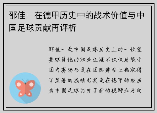 邵佳一在德甲历史中的战术价值与中国足球贡献再评析