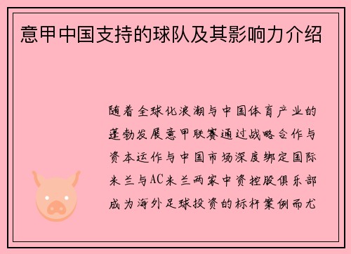 意甲中国支持的球队及其影响力介绍